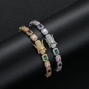 Hip Hop Colorful Rectangle Zircon Tennis Bracelet For Women Copper Inlaid Gold Silver Plated Multi Color Gemstone Bracelet Jewelry
