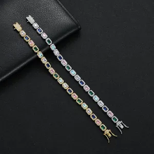 Hip hop tennis bracelet with colorful rectangular zircons in gold and silver finish