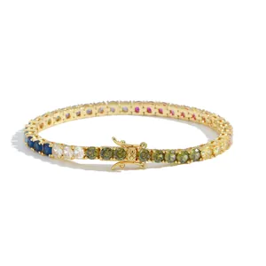Detailed close-up of rainbow tennis bracelet with 4mm colorful cubic zirconia and gold plating