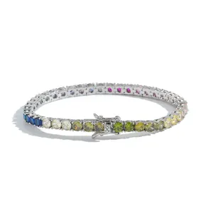 Detail of 925 sterling silver tennis bracelet with multi-color rainbow cubic zirconia gems