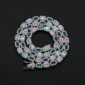 Colorful emerald cut zircon tennis necklace with silver plated hip hop layering design
