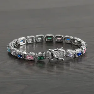 Close-up of hip-hop bracelet featuring multi-color rectangular zircons and a paved clasp