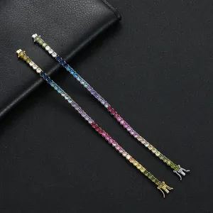 Unisex Hip Hop Copper Cubic Zirconia Tennis Bracelet Colorful Rainbow Graduated Stone Gold Silver Plated Jewelry Gift