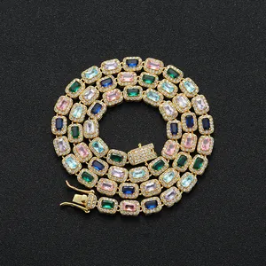 Choker necklace featuring multi-color rectangular cubic zirconia stones in hip hop style