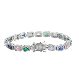 Hip hop silver bracelet with colorful rectangular zircons and iced out pave stones