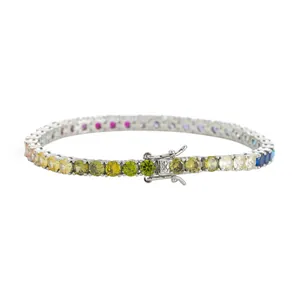 Detailed macro view of 4mm rainbow tennis bracelet with colorful zircon and secure clasp