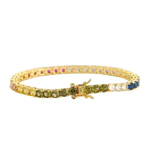 Golden 4mm multi-color tennis bracelet with rainbow round-cut zircon stones and safety clasp