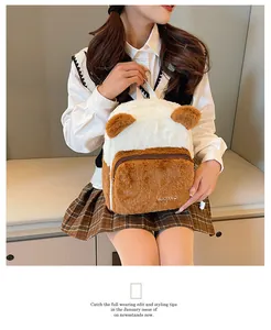 Detail of plush faux fur backpack with cute ears and brand embroidery texture