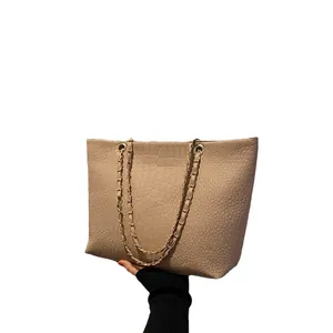 Chic beige crocodile pattern tote bag with gold chain strap for women, 2025 fashion trend