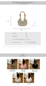 Detailed size specifications and material chart for plush shoulder bag with beaded handle