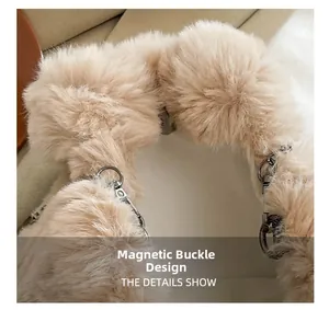Detail view of the soft faux fur texture and silver magnetic closure on the crossbody bag
