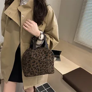 Women Fashion Corduroy Handbag Cute Strawberry Leopard Print Portable Lunch Bag With Zipper Top Handle Small Tote Bag For Office School Picnic