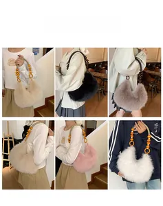 Faux fur shoulder bag with beaded handle shown in six colors on models for daily use