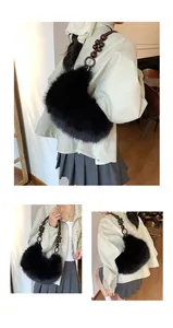 Three-way view of a black faux fur shoulder bag with unique wooden bead strap detail