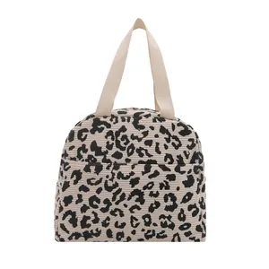 Chic leopard print corduroy lunch tote bag with sturdy beige handles for daily use