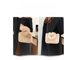 Plush crossbody bag with faux fur texture and metal chain strap shown in various styles