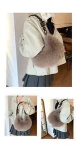 Detail of light brown faux fur handbag with dark wooden bead handle and metal clips
