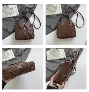 Detailed views of brown textured leather bag with shirt collar design and buttons