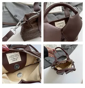 Detailed views of brown collar-style handbag showing silver zipper and magnetic closure