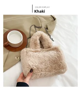 Detailed macro view of khaki faux fur crossbody bag with sleek metal chain strap
