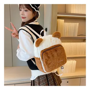 Detail of plush bear-shaped backpack featuring soft faux fur and embroidered front pocket