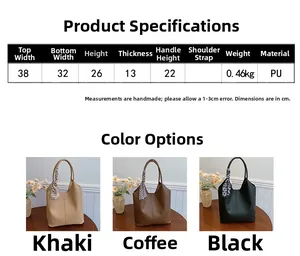 Detailed sizing chart and material specs for a stylish PU leather tote bag in three colors