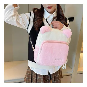 Plush pink and white backpack with cute 3D animal ears and brand embroidery detail