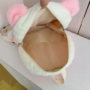 Cute white plush backpack with pink ears and large main compartment for winter fashion