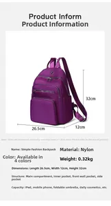 Gedetailleerde maattabel voor paarse nylon rugzak met afmetingen van 32 cm hoogte en 26,5 cm