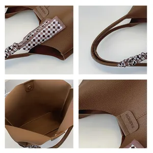 Detail views of brown pebbled leather tote showing magnetic closure and silk scarf handle