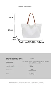 Detailed dimensions of large white canvas tote bag with brown straps and size chart