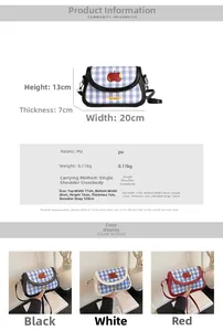 Detailed size chart for plaid handbag showing dimensions 20x13x7cm and material PU leather