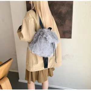 Close-up of the grey faux fur backpack showing its soft texture and nylon straps