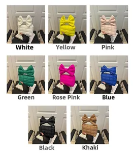 Quilted bow handbag collection showing eight vibrant colors in a grid layout