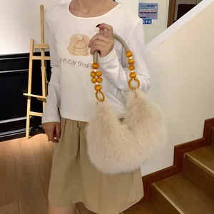 Fashion Women Faux Fur Plush Underarm Bag With Beaded Handle Large Capacity Crescent Shoulder Bag For Daily Banquet Party