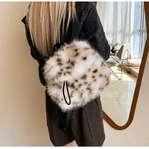 Detail of leopard print faux fur backpack showing plush texture and black nylon straps