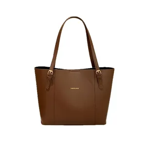 Minimalist dark brown PU leather tote bag with gold lettering for women's daily commute