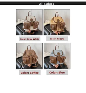 Collage de sacs à dos rétro à cordon en gris, jaune, café et bleu avec accents en cuir