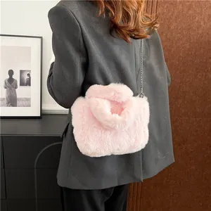 Women Faux Fur Plush Crossbody Bag Small Square Handbag Chain Shoulder Bag For Autumn Winter Fashion Solid Color Purse