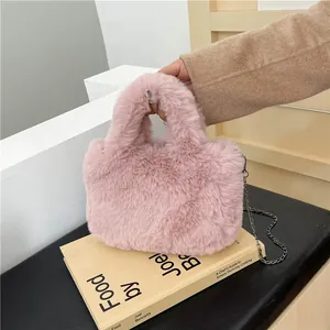 Pink faux fur plush crossbody bag with chain strap for women, stylish autumn winter purse