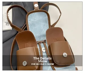 Détail du fermoir magnétique sur le sac à dos vintage en denim et cuir marron