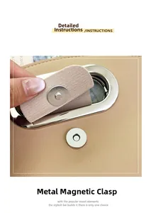Detail showing high-quality metal magnetic buckle on beige lychee pattern leather bag