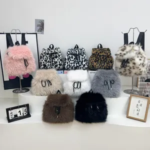 Plush faux fur drawstring backpack collection with leopard print and solid colors