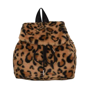 Stylish leopard print plush backpack with faux fur finish and drawstring closure
