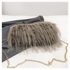 Dettaglio della borsa in finta pelliccia con catena dorata su un blazer grigio elegante