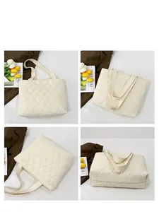 Detailed views of the white quilted tote bag from multiple angles for daily use