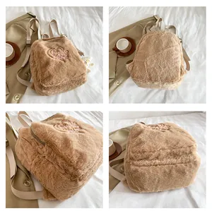 Detailed four-view showcase of a plush brown backpack with heart embroidery and star charm