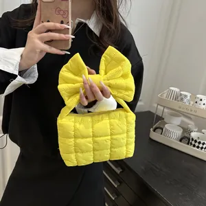 Vrouwen Zoete Gewatteerde Puffer Handtas Met Grote Strik Schoudertas Winter Pof Mode Tote Crossbody Tas Voor Dagelijks Woon-werkverkeer