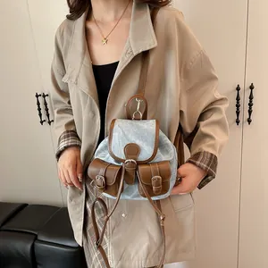 Mini Sac à Dos Vintage en Denim et Cuir PU pour Femme Sac Seau Tendance à Cordon de Serrage Petit Sac Décontracté Voyage École