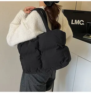 Close-up of black quilted puffer tote bag made of waterproof nylon for autumn winter style